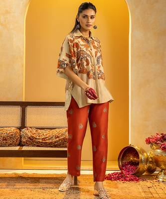 Beige floral printed chanderi co ord set 2