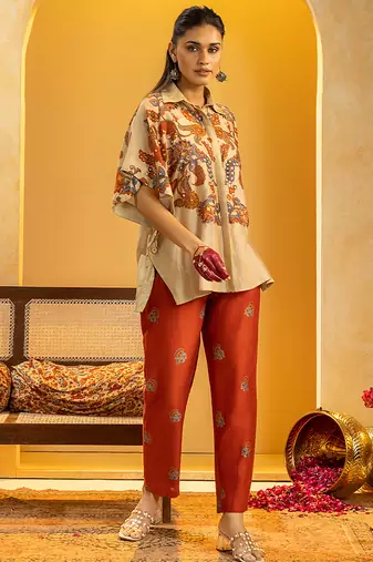 Beige floral printed chanderi co ord set
