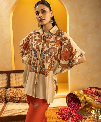 Beige floral printed chanderi co ord set 3