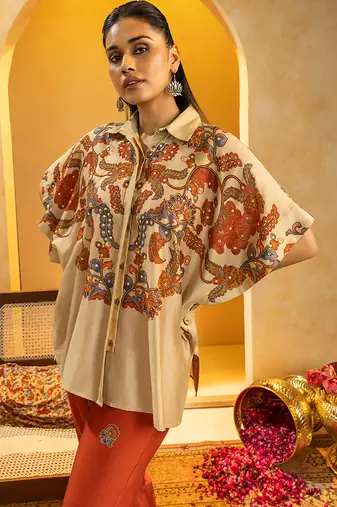 Beige floral printed chanderi co ord set