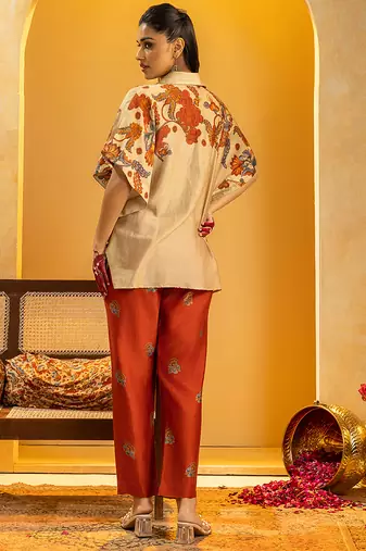 Beige floral printed chanderi co ord set