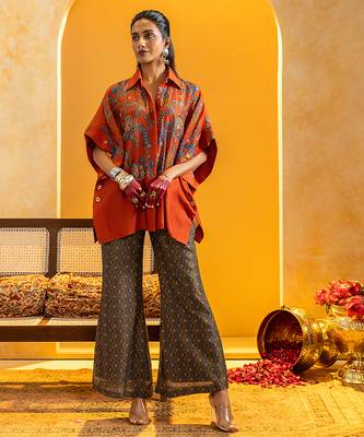 Rust floral printed chanderi co ord set 1