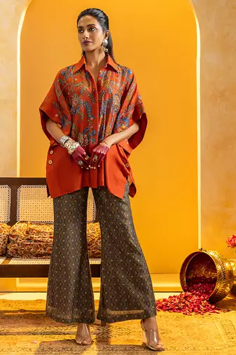 Rust floral printed chanderi co ord set