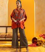 Rust floral printed chanderi co ord set