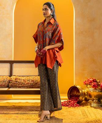 Rust floral printed chanderi co ord set 2