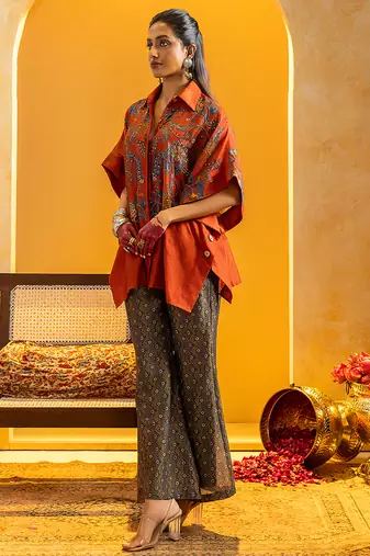 Rust floral printed chanderi co ord set