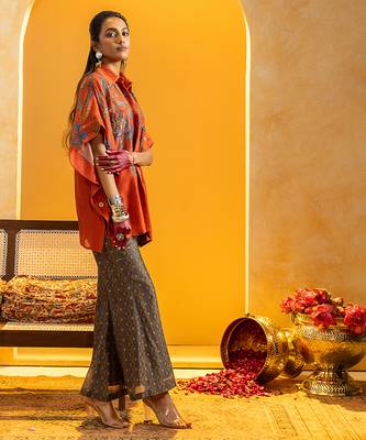 Rust floral printed chanderi co ord set 3