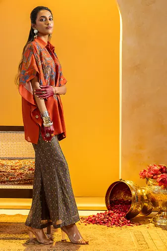 Rust floral printed chanderi co ord set