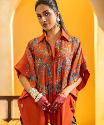 Rust floral printed chanderi co ord set 4