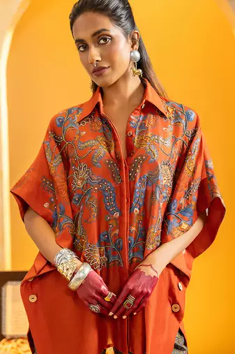 Rust floral printed chanderi co ord set