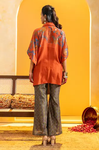 Rust floral printed chanderi co ord set