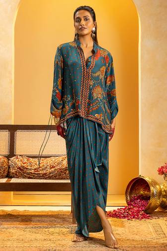 Blue embroidered crepe Co Ord Set