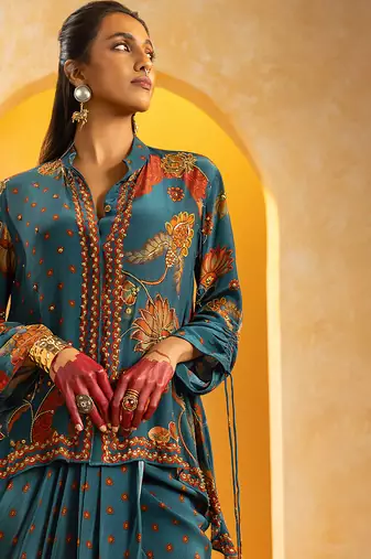 Blue embroidered crepe Co Ord Set