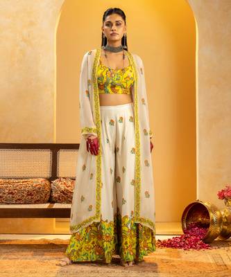 Off white floral printed silk Co Ord Set With Cape 1
