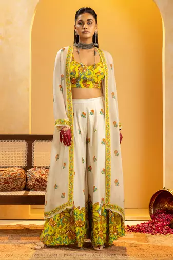Off white floral printed silk Co Ord Set With Cape