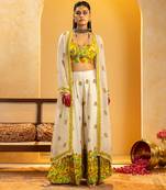 Off white floral printed silk Co Ord Set With Cape