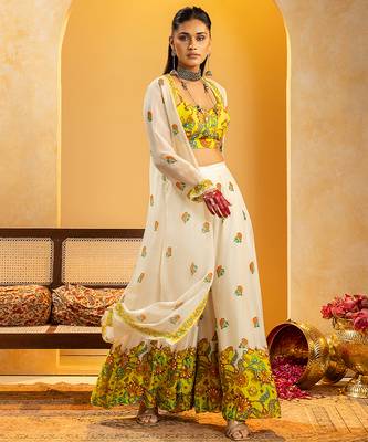 Off white floral printed silk Co Ord Set With Cape 2