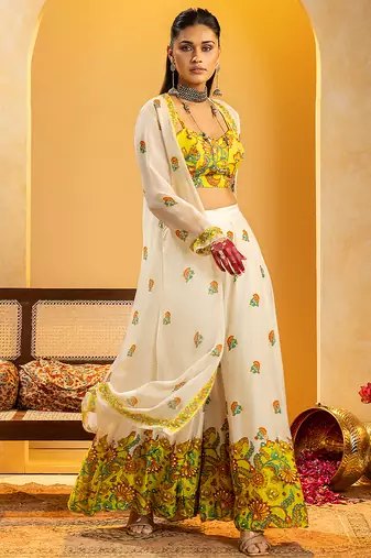 Off white floral printed silk Co Ord Set With Cape