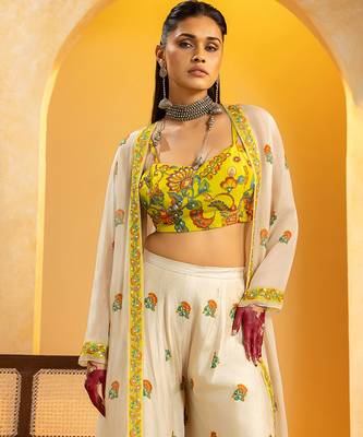 Off white floral printed silk Co Ord Set With Cape 3