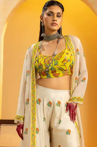 Off white floral printed silk Co Ord Set With Cape