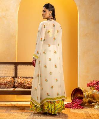 Off white floral printed silk Co Ord Set With Cape 4