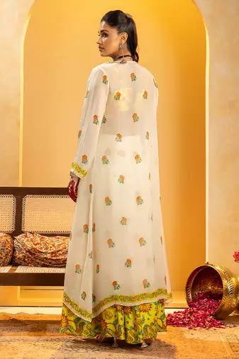 Off white floral printed silk Co Ord Set With Cape