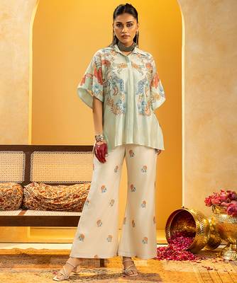 Blue floral printed chanderi co ord set 1