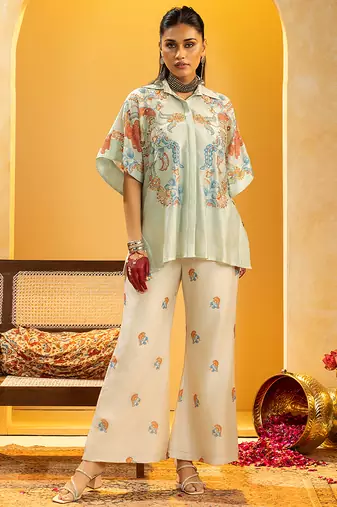 Blue floral printed chanderi co ord set