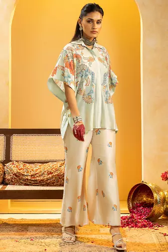 Blue floral printed chanderi co ord set