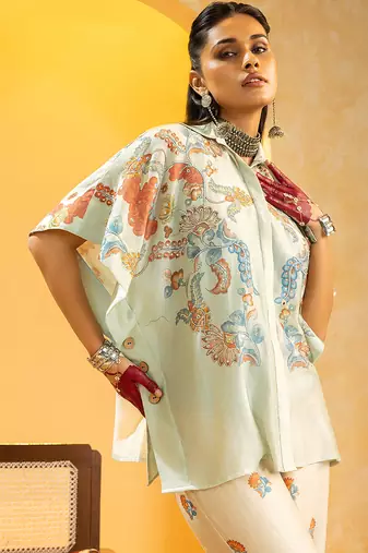 Blue floral printed chanderi co ord set