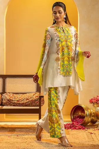 Multicolor floral printed chanderi kurta set
