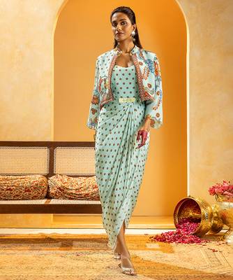 Blue floral printed crepe Dress With Jacket 1