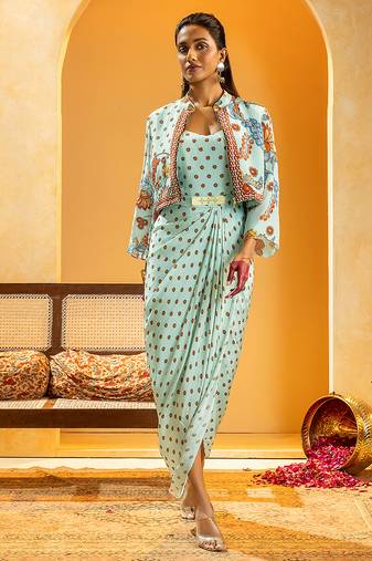 Blue floral printed crepe Dress With Jacket