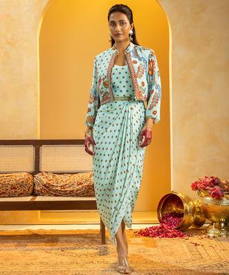 Blue floral printed crepe Dress With Jacket 2