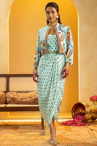 Blue floral printed crepe Dress With Jacket