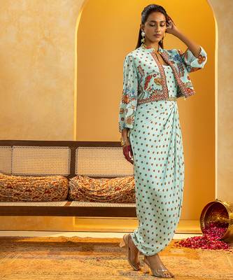 Blue floral printed crepe Dress With Jacket 3