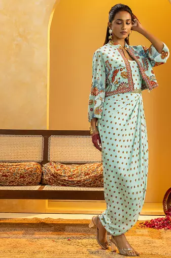 Blue floral printed crepe Dress With Jacket