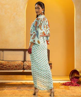 Blue floral printed crepe Dress With Jacket 4