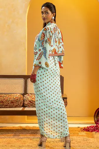 Blue floral printed crepe Dress With Jacket