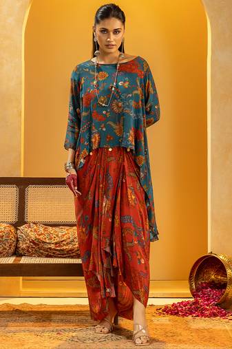Blue floral printed crepe Co Ord Set