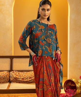 Blue floral printed crepe Co Ord Set 4