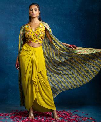 Beige floral printed crepe Co Ord Set With Cape 2