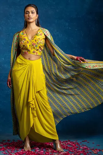 Beige floral printed crepe Co Ord Set With Cape