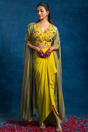 Beige floral printed crepe Co Ord Set With Cape