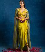 Beige floral printed crepe Co Ord Set With Cape