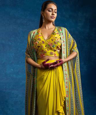 Beige floral printed crepe Co Ord Set With Cape 4