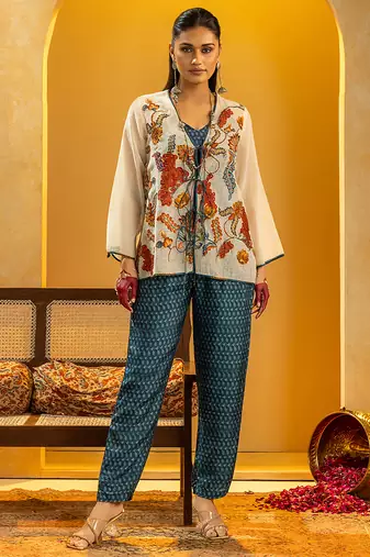 Off white floral printed silk three piece co ord set