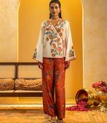 Off white floral printed silk kurta set
