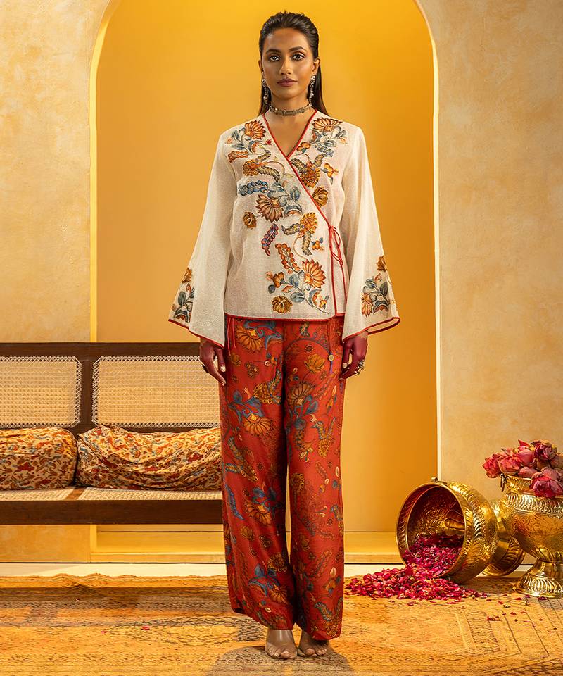 Off white floral printed silk kurta set