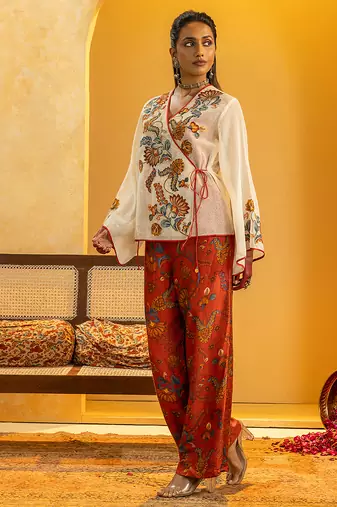 Off white floral printed silk kurta set